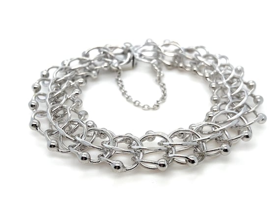 Vintage Wide Sterling Silver Charm Link Bracelet … - image 1