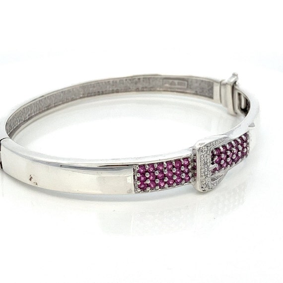 Sterling Silver Belt Buckle Bangle Bracelet- Pink… - image 3