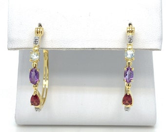 Diamond, Topaz, Amethyst & Garnet Hoop Earrings: Gold Plated Sterling Silver -ET2466
