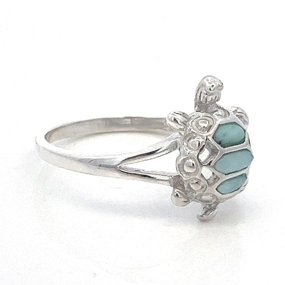 Turtle Ring with Inlayed Larimar Gemstone Sterlin… - image 2