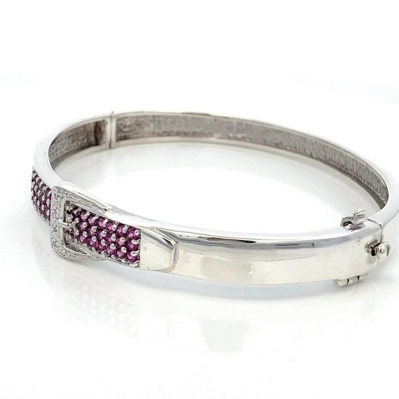 Sterling Silver Belt Buckle Bangle Bracelet- Pink… - image 4