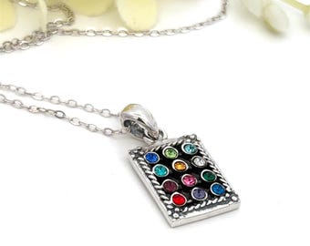 Multi Color Rectangular CZ Sterling Silver Pendant with 16" Cable Chain - ET3611