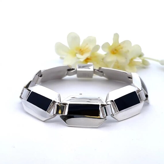 Vintage Black Onyx 950 Silver Link Bracelet - 7.5… - image 2