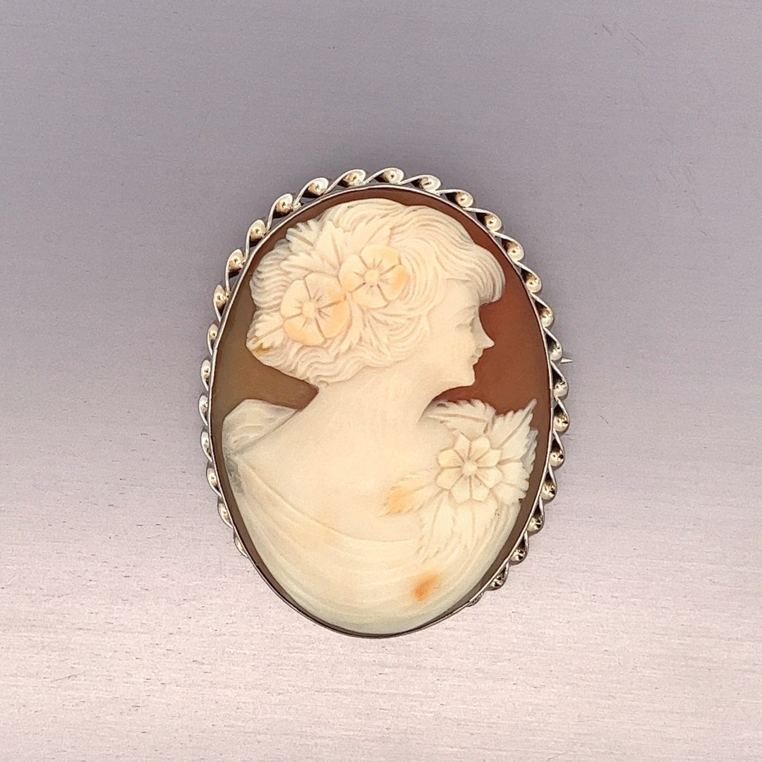 Vintage Large Sterling Silver Oval Carved Shell Cameo Brooch Pin ...