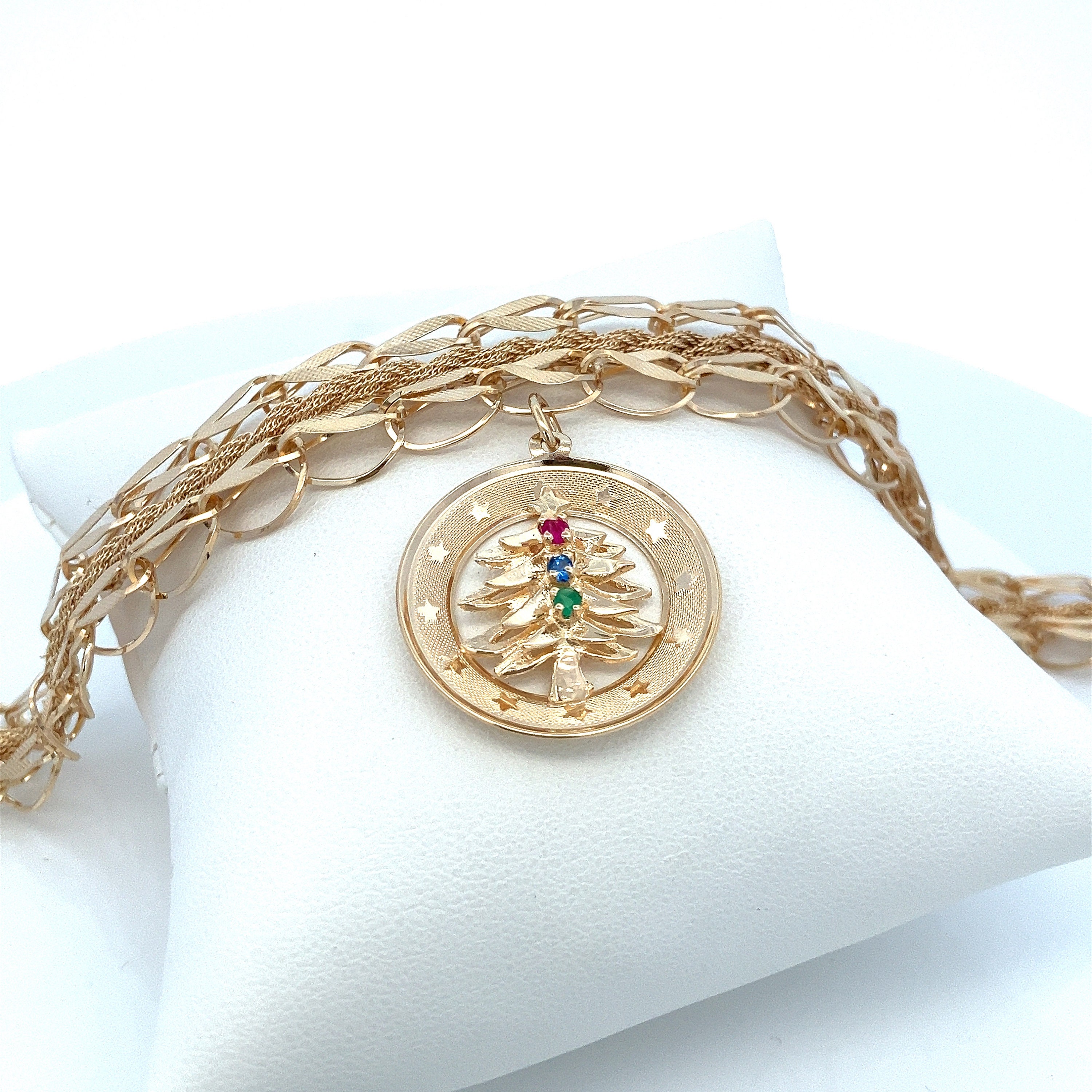 Vintage Wide Solid 14k Yellow Gold Charm Bracelet  with Christmas Tree Charm - Estate Vintage Charm Bracelet  - 7" Length - ET3428