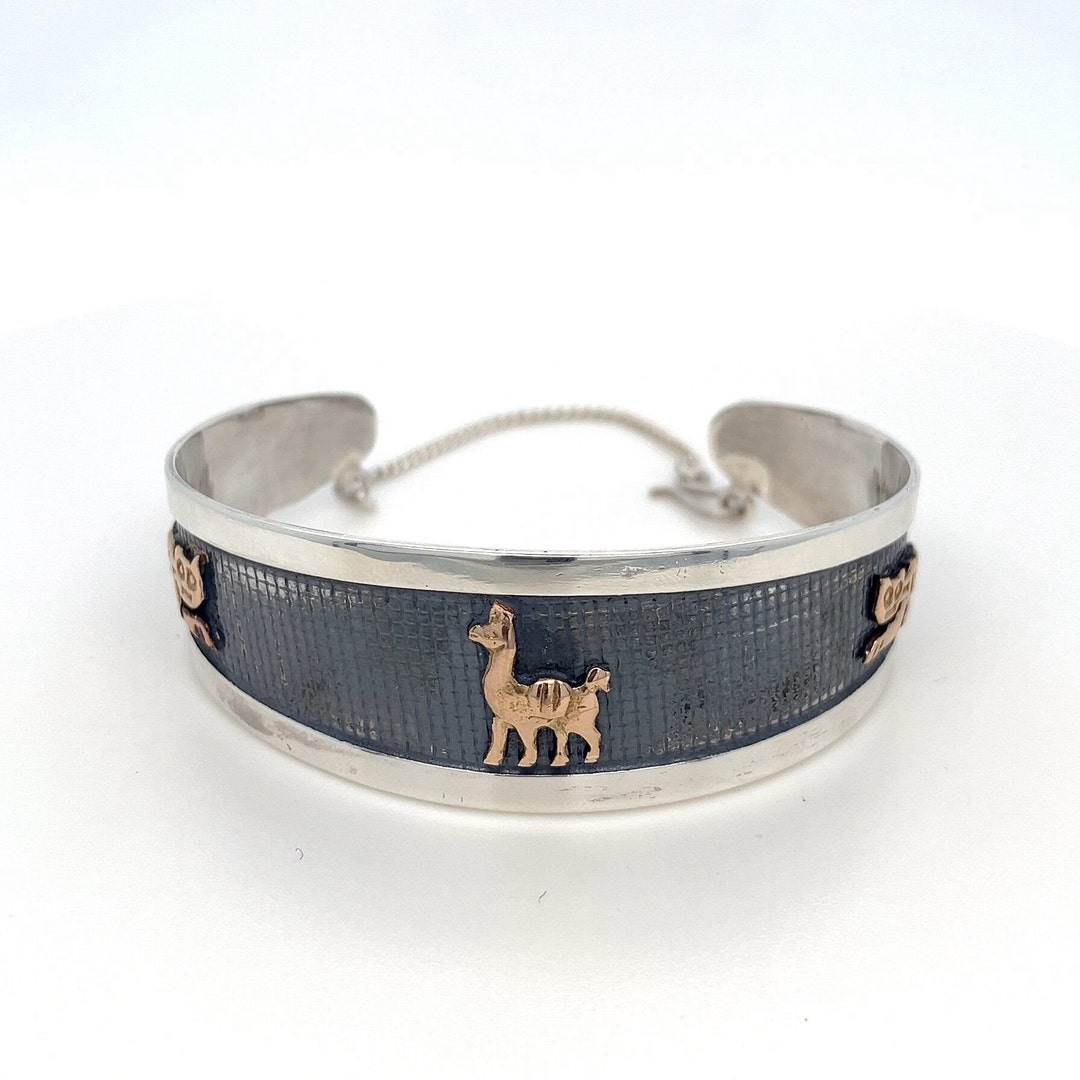 Vintage Silver and Gold Llama Cuff Bracelet South American Theme Sterling Silver gold decorations Cuff  main image 3