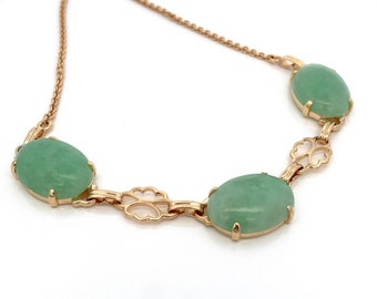Antique Natural Green Jade Necklace ~ 14K Yellow Gold ~ Floral Flower Links - Vintage  15.5"-  ET655