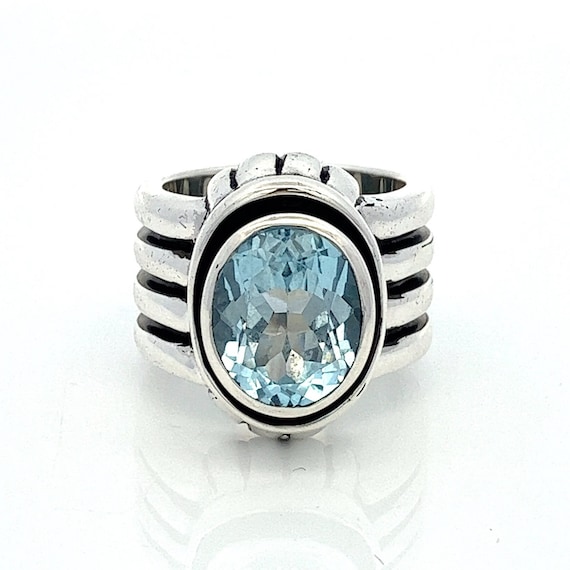 Large Oval Blue Topaz Sterling Silver Wide Band S… - image 1