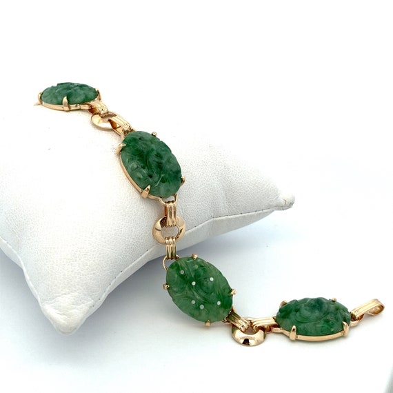 Carved Natural Green Jade Bracelet ~ 14K Yellow G… - image 1