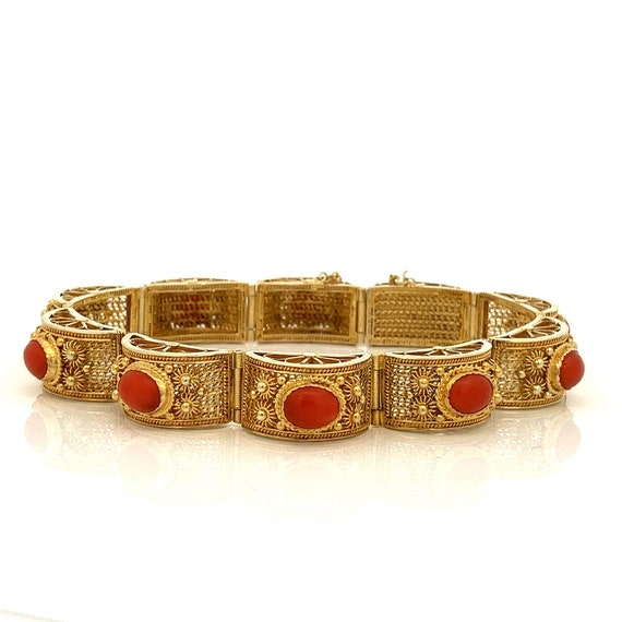 Ornate 14k Yellow Gold  Coral Bracelet Filigree V… - image 1