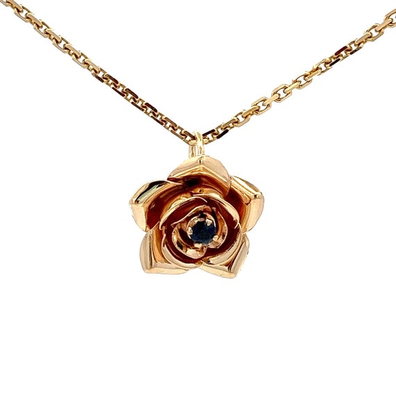 3-D Rose Flower Gold Pendant Charm with Sapphire G