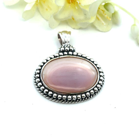 Oval Pink Mother of Pearl Sterling Silver Pendant - Large Pendant