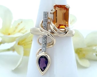 14k Gold Multi-Gemstone Ring: Diamond, Citrine, Amethyst - Size 6.5 ~ ET957