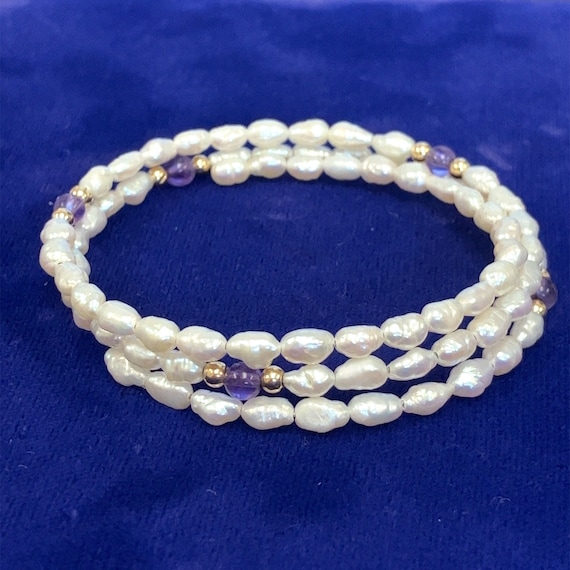 Freshwater Pearl and Amethyst Beaded Memory Wire … - image 1