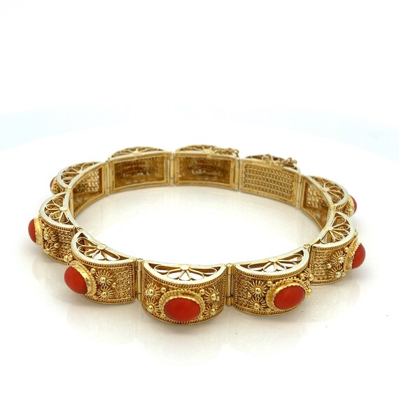 Ornate 14k Yellow Gold  Coral Bracelet Filigree V… - image 2