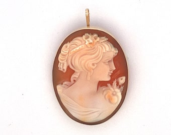 Vintage 14k Gold Cameo Brooch Pendant: Hand Carved Shell Lady - ET522