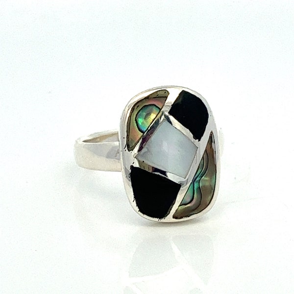 Inlayed Mother of Pearl, Abalone, and Black Onyx Gemstones Sterling Silver Ring- Size 7.25 -ET1596