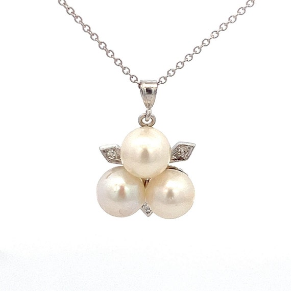 Vintage Three White Pearls and Diamond 14k White … - image 2