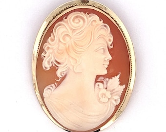 Vintage 18k Gold Cameo Brooch Pendant: Signed Carved Shell Pin~ ET637