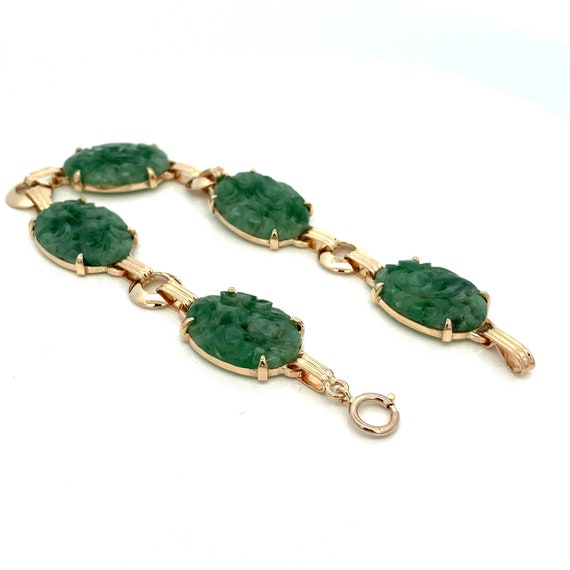 Carved Natural Green Jade Bracelet ~ 14K Yellow G… - image 3