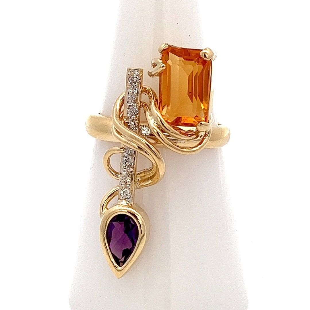 Handmade Modern Abstract Long Finger Ring. - Gemstones 14k Yellow Gold ...