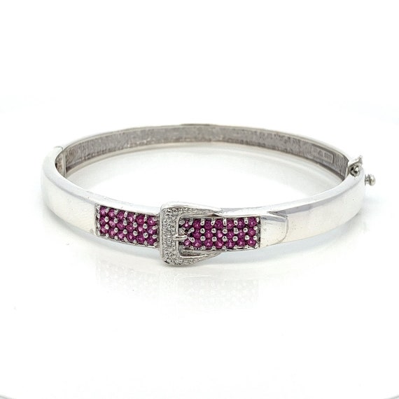 Sterling Silver Belt Buckle Bangle Bracelet- Pink… - image 1