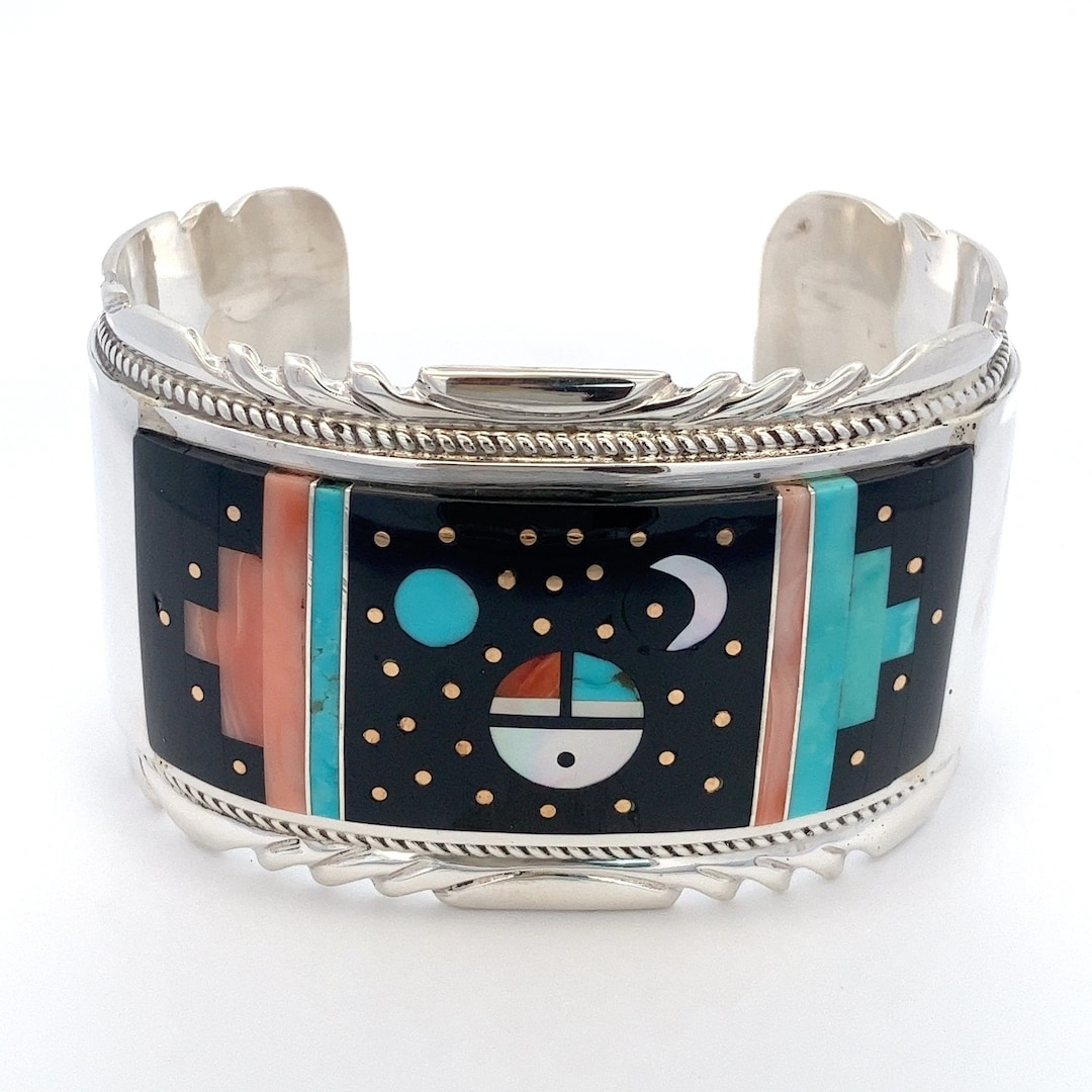 Wide Zuni Inlayed Cuff - Onyx, Coral, Turquoise, and Mother