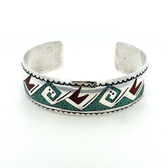 Vintage Navajo Signed Turquoise & Coral Chip Inlay Cuff Bracelet