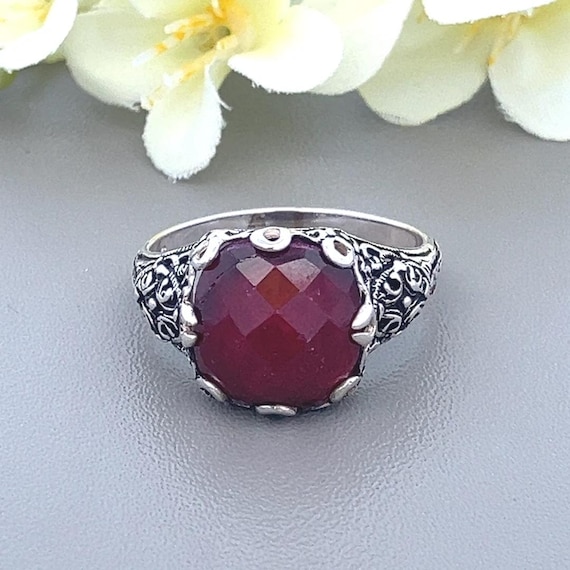 5CT Natural Ruby Sterling Silver Ring - Ornate Fl… - image 1