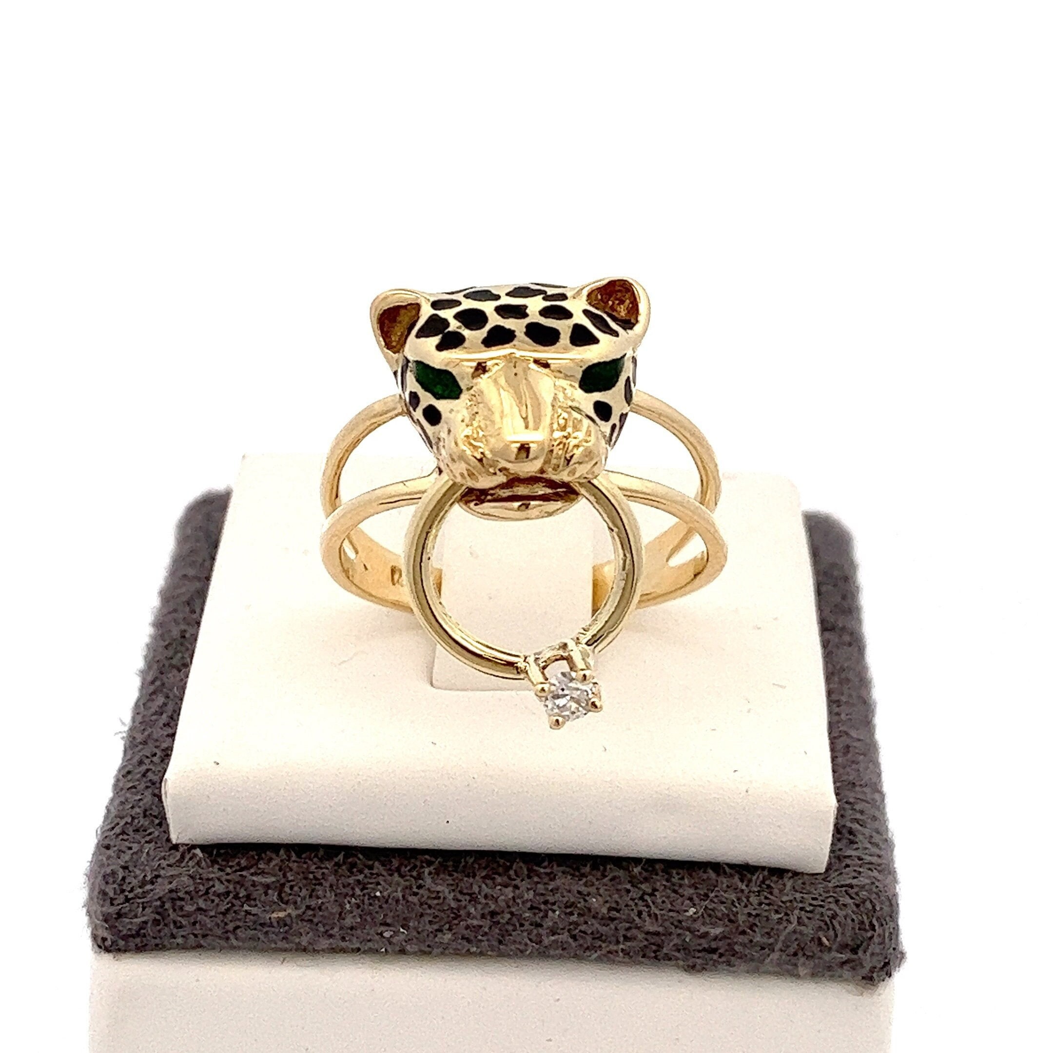 Enamel Cat Leopard Panther 14k Yellow Gold and Diamond Ring