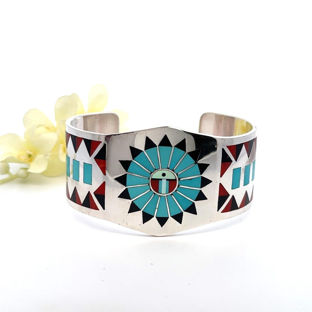 Intage Zuni F.L. Natachu Signed Sterling Silver Multi-stone Inlay