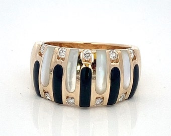 Kabana 14K Yellow Gold Ring: Black Onyx, Mother of Pearl, Diamond Band - Size 5