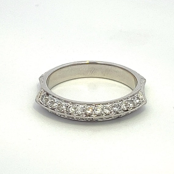 18k White Gold Diamond Wedding Band: Pave Knife Edge Milgrain Stack Ring - ET145
