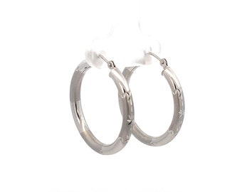 Diamond Cut  14k White 26MM Round Gold Hoop Earrings  - Snap Clasp Posts - Made in Israel - ET2460