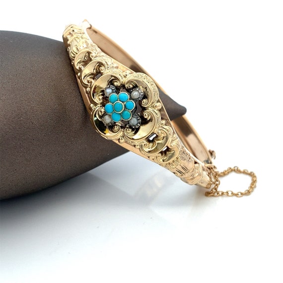 Antique Turquoise and Pearls Floral Gold Bangle B… - image 1