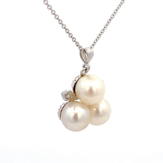 Vintage Three White Pearls and Diamond 14k White … - image 3