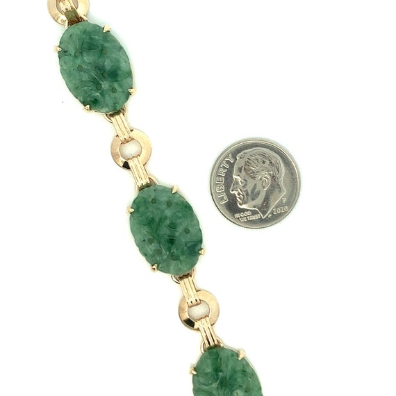 Carved Natural Green Jade Bracelet ~ 14K Yellow G… - image 4