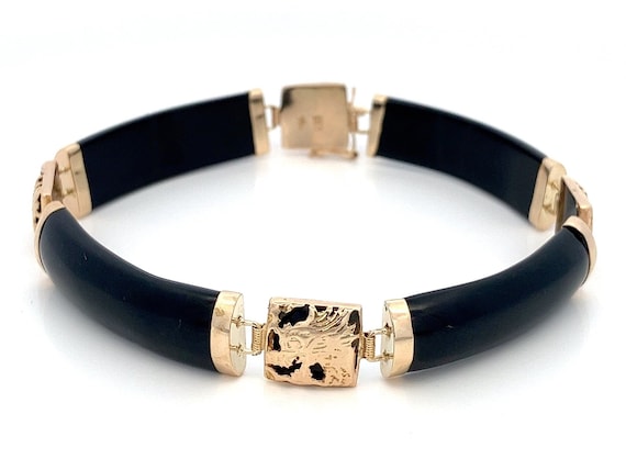 Black Onyx Bracelet - 14K Yellow Gold Dragon Face Links With