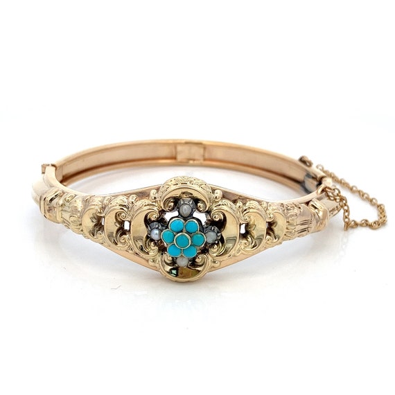 Antique Turquoise and Pearls Floral Gold Bangle B… - image 2