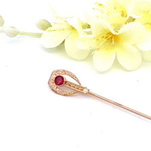 May include: A gold-toned hat pin with a red gemstone and a small pearl accent. The pin has an ornate design.