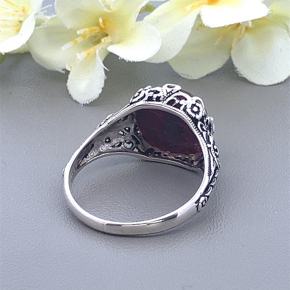 5CT Natural Ruby Sterling Silver Ring - Ornate Fl… - image 6