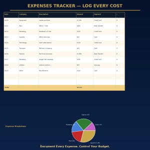 May include: A digital expense tracker with a table showing expenses by date, category, description, amount, and payment method. A pie chart illustrates expense breakdown. Text reads: "EXPENSES TRACKER - LOG EVERY COST" and "Document Every Expense. Control Your Budget."