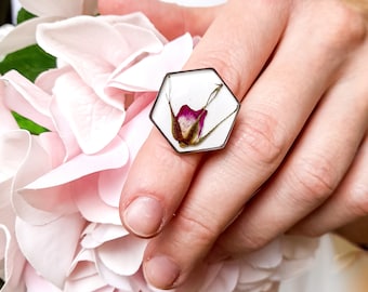 Pressed Flower Ring, Rose bug in ring, Stainless steel adjustable ring, Hexagon ring