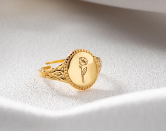 Sterling Silver Birth Flower Ring, Birth Flower Jewelry, Birth Month Flower Gifts,Signet Ring Women, Birth Month Flower, Mothers Day Gift