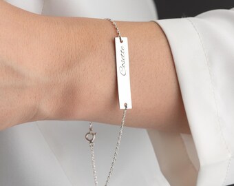 Engraved Personalized Name Bar Bracelet,  Birthstone Bitial Charm Bracelet, Personalized Dainty Name Birthstone Bracelet for Names Dates