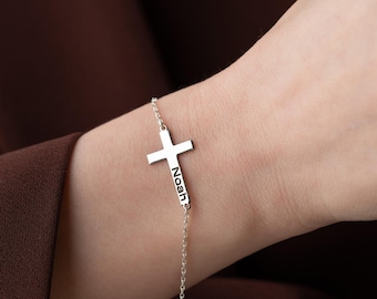 Personalized Cross Name Bracelet, 14K Gold Cross Name Bracelet, Custom Bracelet, Mother's Day Gift, Baptism Gift, Christian Jewelry