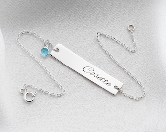 Custom Engraved Name Bar Bracelet with Birthstone, Personalized Name Bracelet, Engraved Charm Bracelet, Custom Name Birthstone Bracelet