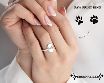 Anillo de plata con huella de pata, anillo personalizado con nombre de mascota, anillo de plata con huella dactilar, joyería personalizada con huella de gato, regalo para mascotas, regalo conmemorativo de Navidad