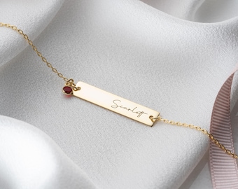 Personalized Engraved Name Bar Bracelet, NameplateCharm Bracelet with Birthstone, Custom Dainty Nameplate Birthstone Bracelet for Mom