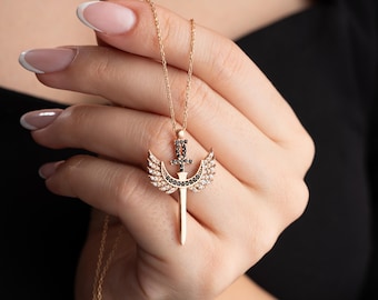 Saint Michael Sword Necklace, Gold Rising Wings Pendant Necklace, Guardian Archangel Silver Sword Pendant, Sword Jewelry, Christmas Gift Her